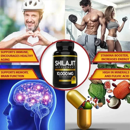 Cápsula Shilajit del Himalaya Original de 60 Uds. En minerales de rastro y ácido helicoidal para energía, fuerza muscular e inmunidad, resistencia para hombres